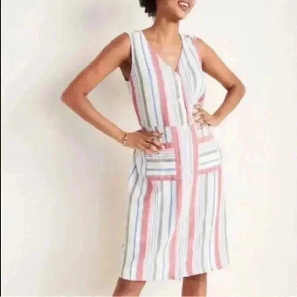 Old Navy Dress Linen Blend Multi Striped Sleeveless‎ Button Up Patch Pockets XXL - Picture 1 of 15